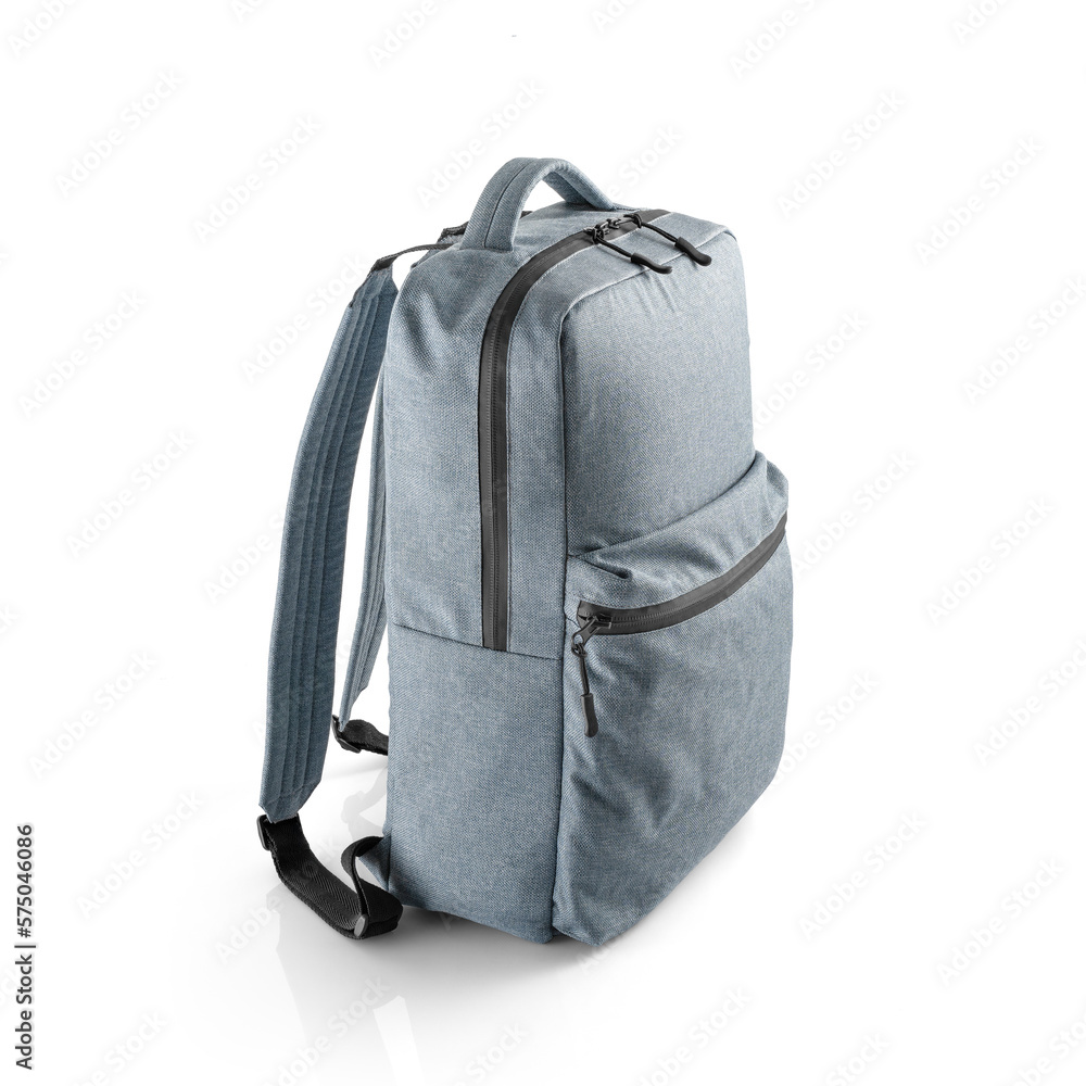 Naklejka premium Blue backpack, for daily use or weekend adventures with multiple compartments for organization. Side view on white background.