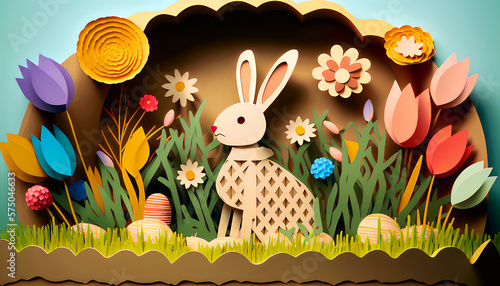 Beautiful card easter eggs in a basket, easter bunny, paper cut style generative ai 