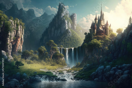 a fantasy castle like from a fairy tale on a beautiful mountain with waterfalls. Generative AI