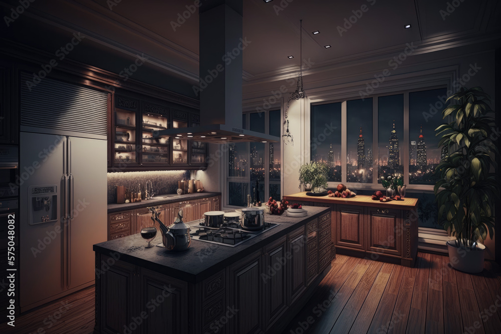 a kitchen of an expensive luxury apartment. Generative AI a kitchen of an expensive luxury apartment. Generative AI