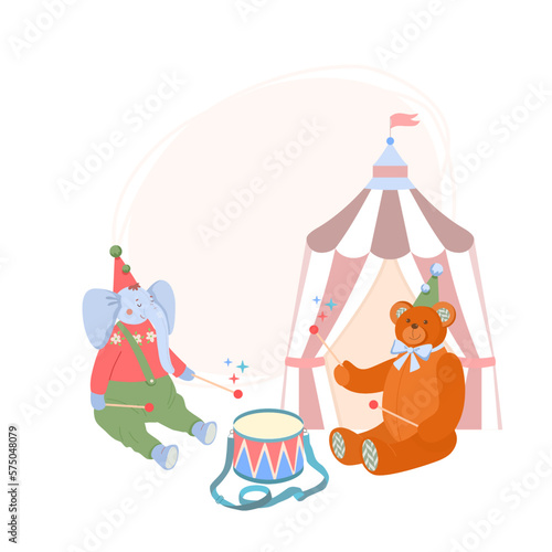 Cute baby elephant and teddy bear in festive caps sit and drum with drumsticks on drum against backdrop of a circus tent. Vector children's illustration of street musicians on isolated background.
