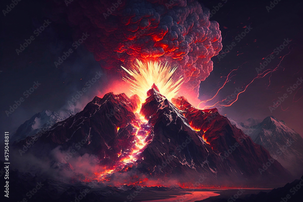 Volcano hot lava field steaming at night close up. Generative AI