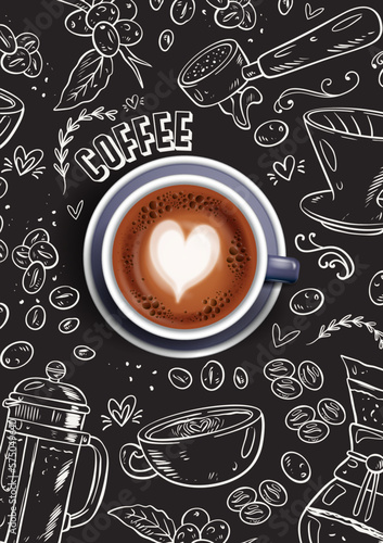 Black And White Chalk Coffee Collage with Coffee Cup Illustration