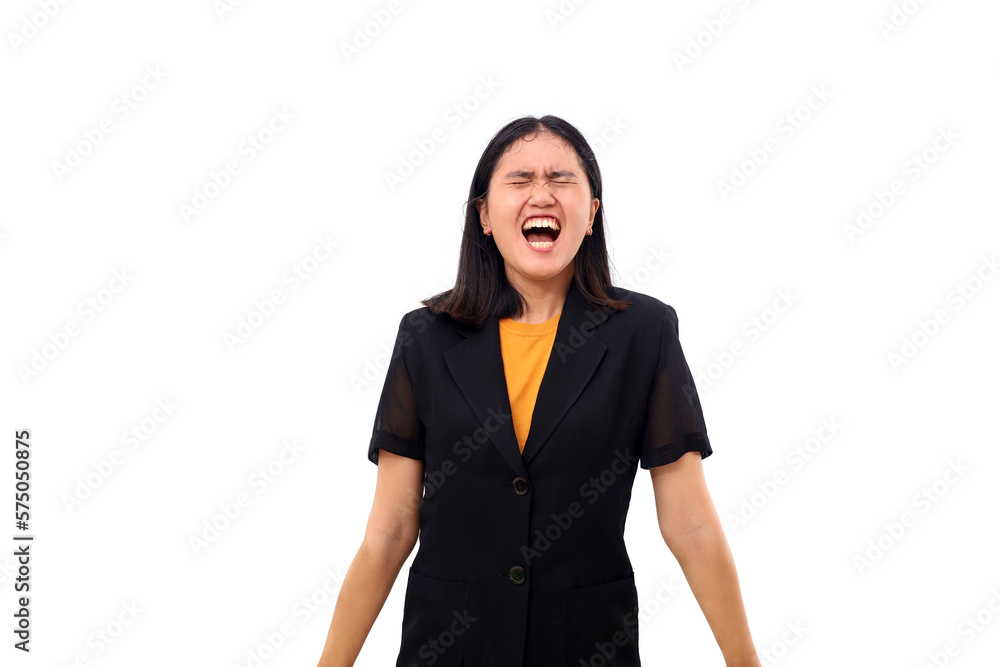 Stressed and frustrated young asian business woman standing whil Stressed and frustrated young asian business woman standing whil