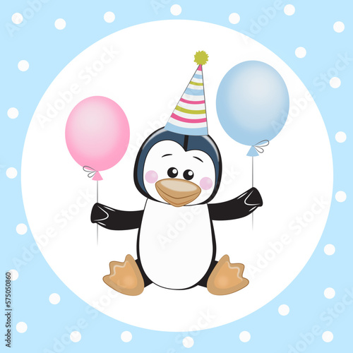Pinguin Boy Happy Birthday Card. Vector Illustration