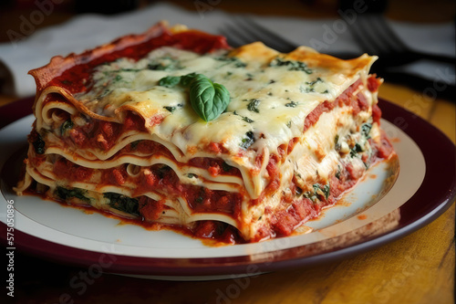 Close up shot of fresh italian lasagna on white plate isolated Generative AI Photo
