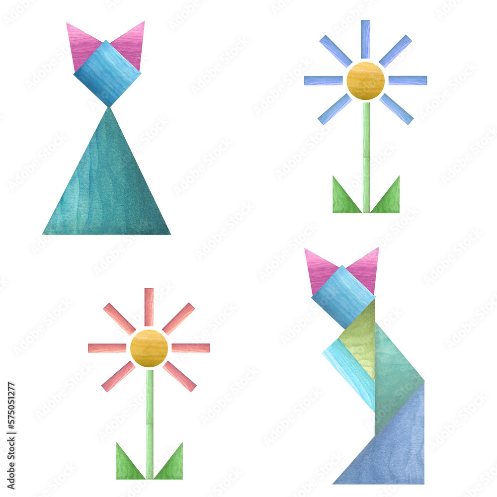 Set of watercolor tangram geometric puzzles isolated on white background. Eco-friendly materials baby toys. Print, poster, decor, wallpaper, wrapping. Set of watercolor tangram geometric puzzles isolated on white background. Eco-friendly materials baby toys. Print, poster, decor, wallpaper, wrapping.