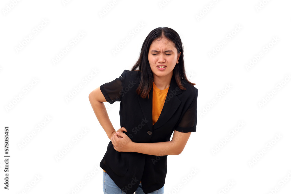 Young asian business woman having trouble on her waist. Isolated Young asian business woman having trouble on her waist. Isolated