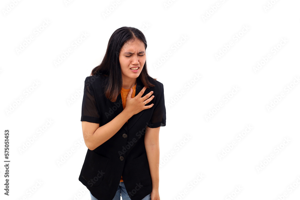 Young asian business woman feeling pain on her chest. Heart attack concept. Isolated on white Young asian business woman feeling pain on her chest. Heart attack concept. Isolated on white