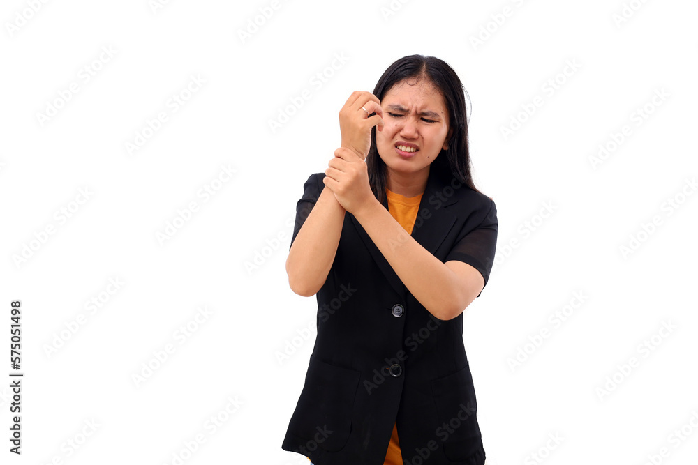 Young asian business woman having stiff on her wrist. She suffer Young asian business woman having stiff on her wrist. She suffer