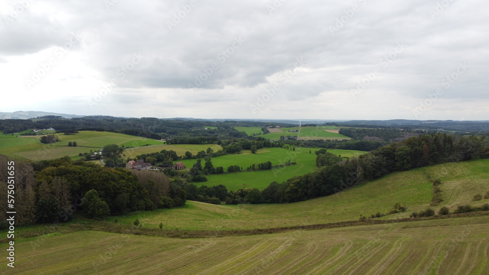 Aerial photo of agricultural fields in beautiful Sauerland with drone dji min2