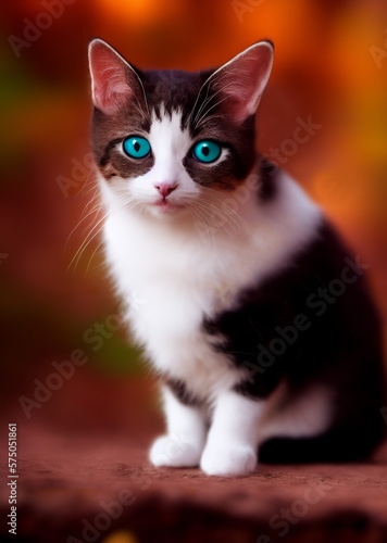 White cat with blue eyes on a chair with a brown background