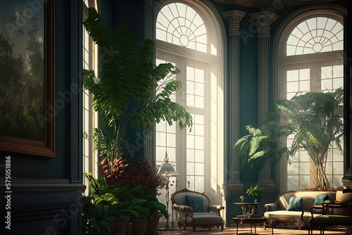 Classic interior with tall windows and tropical plants. AI