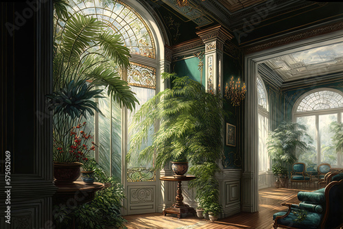 Classic interior with tall windows and tropical plants. AI