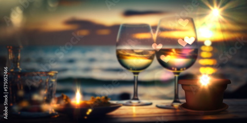 romantic sunset on beach wooden table and two glass of wine wild flowers evening at sea background generated ai