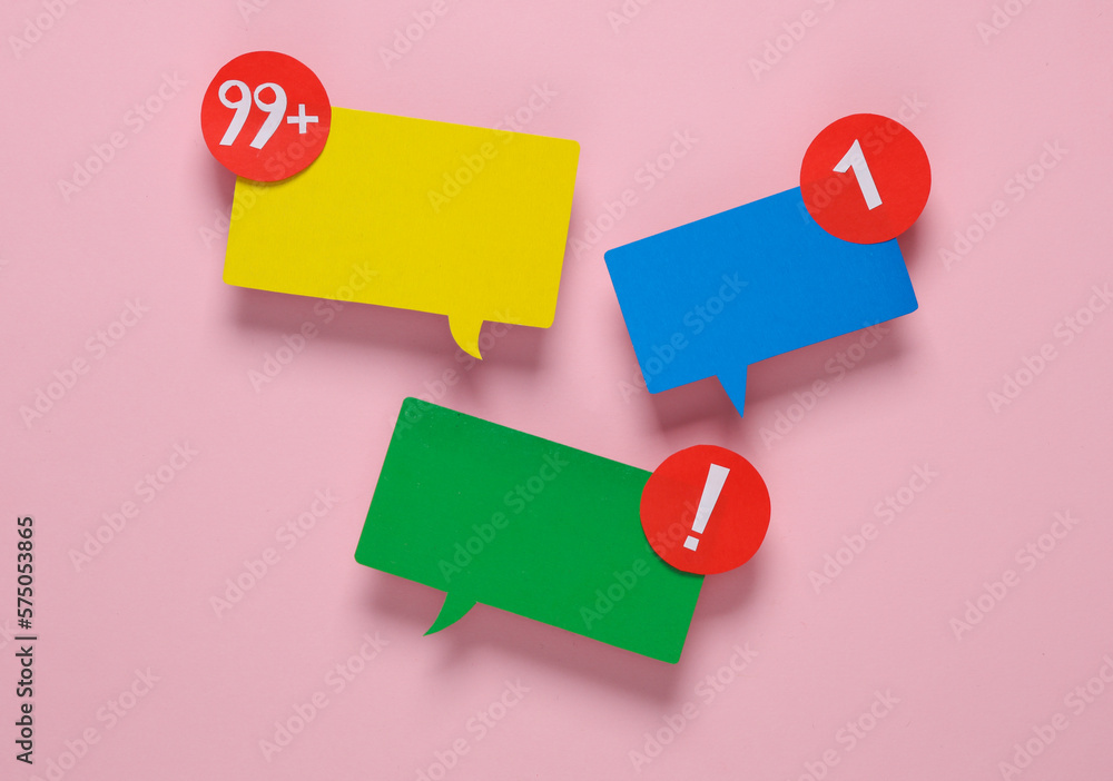 Paper cut Notification speech bubbles on pink background. Social media chat, message, sms, subscribe notice alert and reminder. Top view. Creative layout Paper cut Notification speech bubbles on pink background. Social media chat, message, sms, subscribe notice alert and reminder. Top view. Creative layout