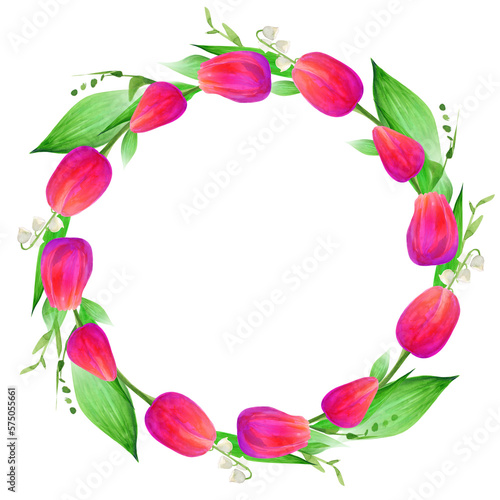 Fototapeta Naklejka Na Ścianę i Meble -  Watercolor wreath of Tulips, Lilies of the valley. Circle frame. Design element. Greeting card. Invitation. Wedding.