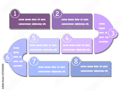 business infographics options banner, timeline, infographic template, 8-step timeline, and process in flat design.