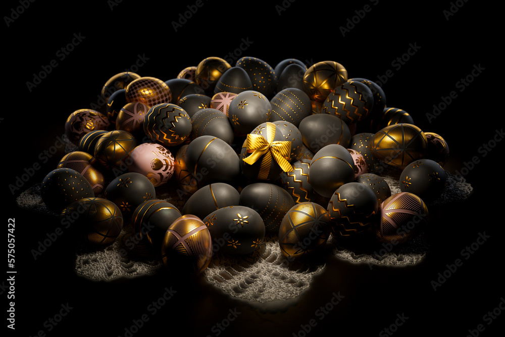Glamour Easter eggs with golden decorative patterns and ribbon. Happy Easter. Glamour Easter eggs with golden decorative patterns and ribbon. Happy Easter.