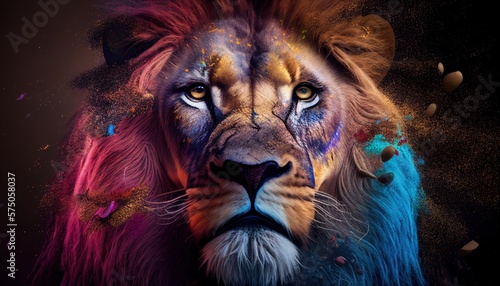 Portrait face of a lion with bright colors  generative AI