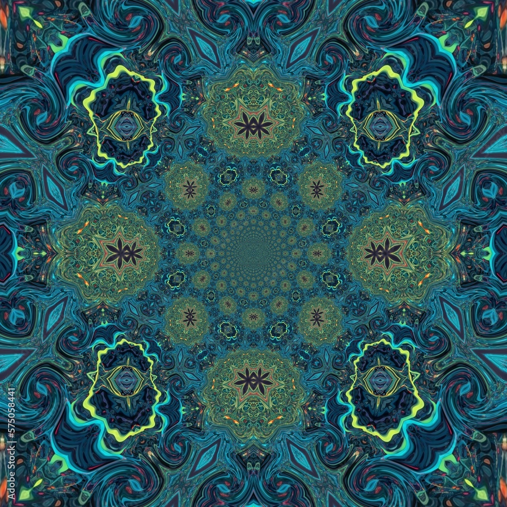 Star and wavy root structure with kaleidoscope illustration theme, seamless pattern, shiny colors. Great for websites, collectors, art, business etc