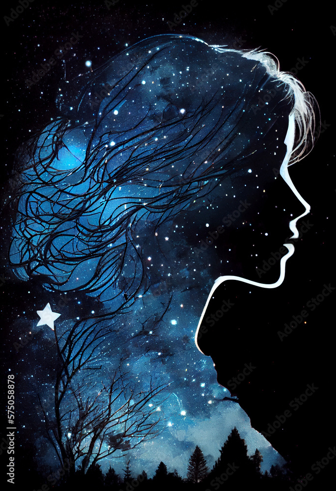 Φωτογραφία Silhouette of a woman from the fog and stars in the night sky