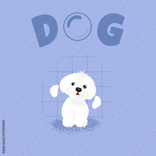 Maltese puppy dog in a bathroom. White happy dog. Illustration for grooming salon with 