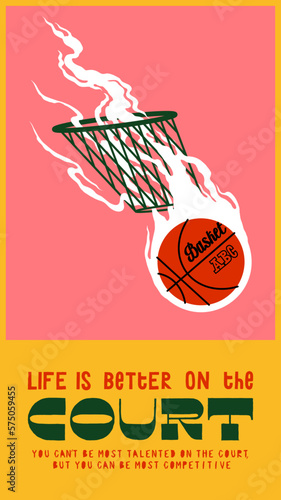 Basketball in smoke flying through the hoop. Fireball basketball vintage typography silkscreen t-shirt print vector illustration.