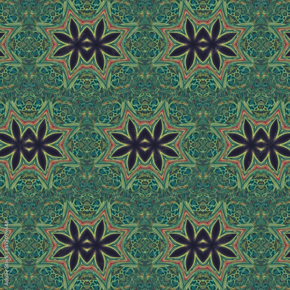 Star and wavy root structure with kaleidoscope illustration theme, seamless pattern, shiny colors. Great for websites, collectors, art, business etc