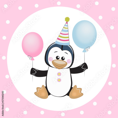  Penguin Girl Happy Birthday Card. Vector illustration