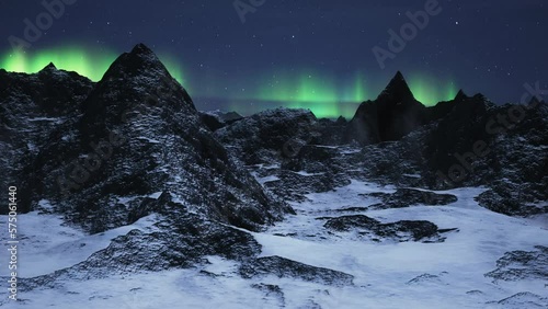 Rocky Mountain Landscape at night with Stars and Northern Lights in Sky. 3d Rendering Artwork. Aerial Cinematic Animation photo