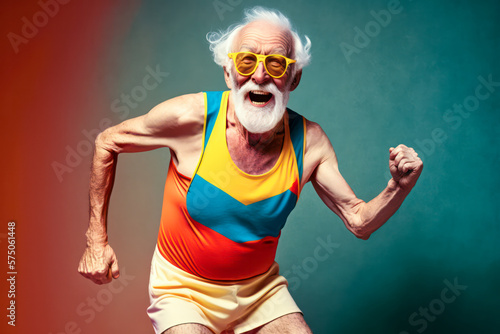 Fototapeta Naklejka Na Ścianę i Meble -  Old man doing sport exercises. Generative AI.