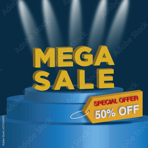 Mega sale 3d stage with special offer 50% off tag, special sale 3d text for marketing offers