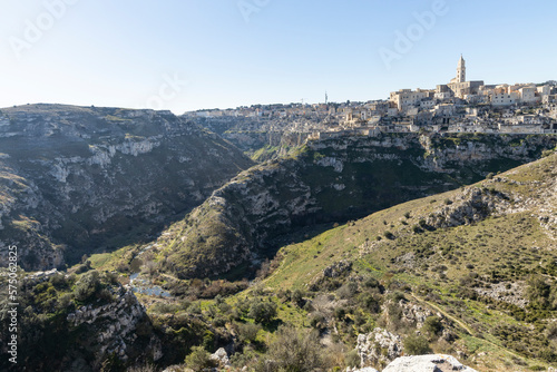 Panorama of Matera, a UNESCO World Heritage Site. European Capital of Culture. View from the Murgia Park. Timeless walk inside Paleolithic caves. City similar to Jerusalem. Unforgettable journey