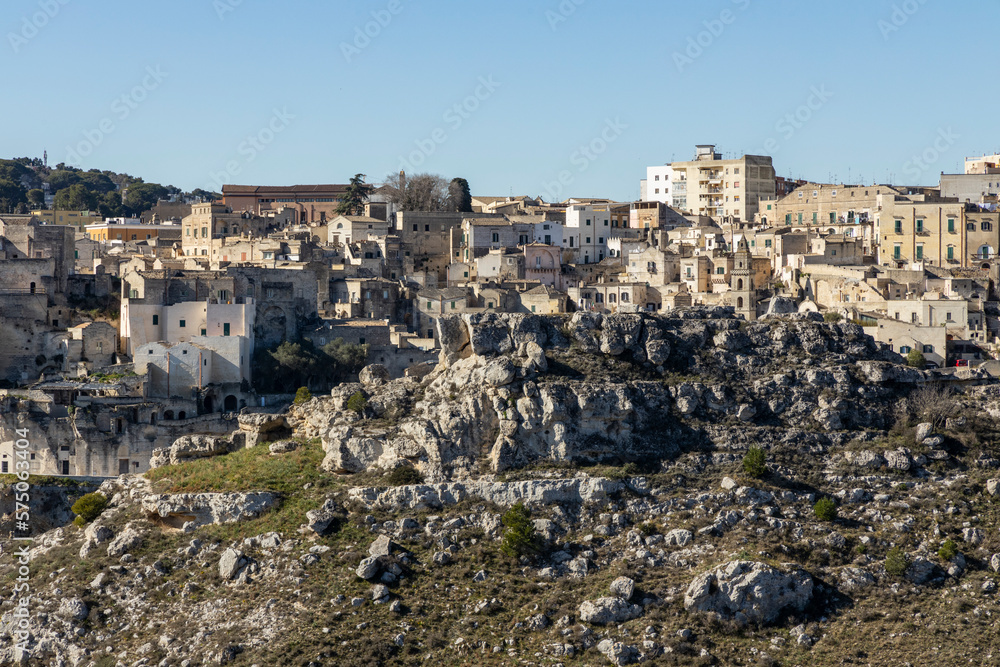 Panorama of Matera, a UNESCO World Heritage Site. European Capital of Culture. View from the Murgia Park. Timeless walk inside Paleolithic caves. City similar to Jerusalem. Unforgettable journey