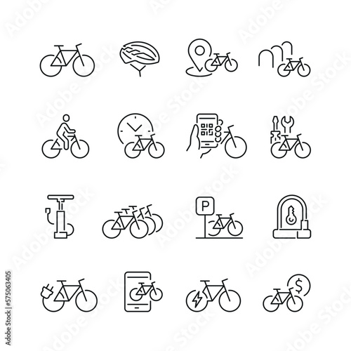 Bicycle related icons: thin vector icon set, black and white kit