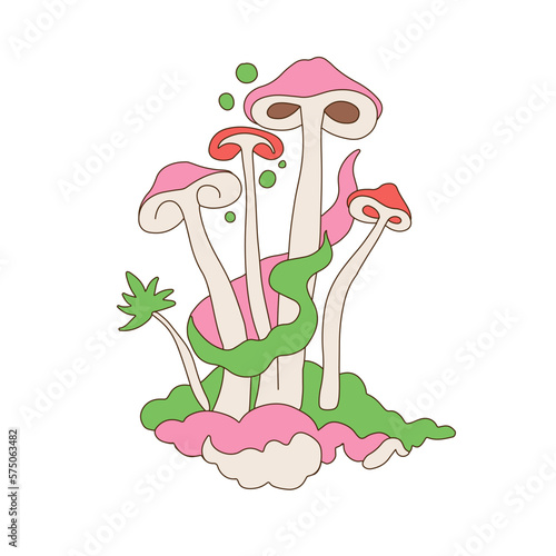 Psilocybin hallucinogenic magic mushrooms bunch. Hand drawn groovy design element for tee print. Engraving colorful style. Vector retro 70s groovy illustration