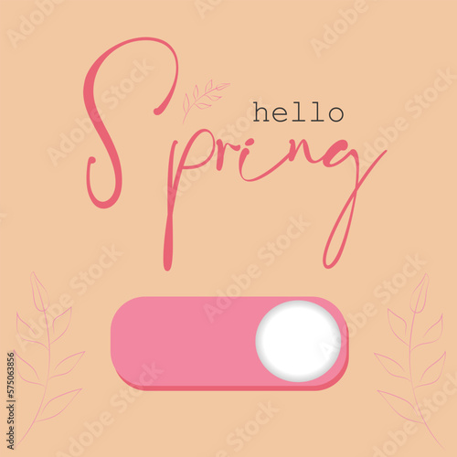 Vector illustration, concise banner template with plants, start button and decorative text hello spring