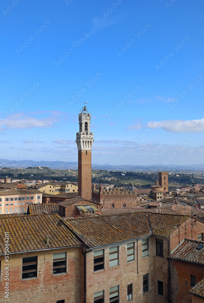 panoramic view of the roofs of the city of Siena in Tuscany an the famous tower called DEL MANGIA