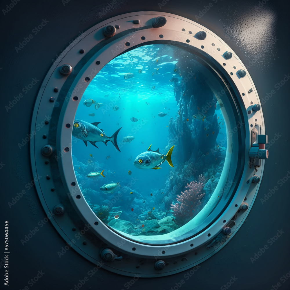 Viewing out of a porthole in a submarine under water, realistic illustration, sea life under