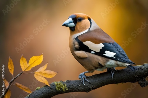 Canvastavla a stunning coccothraustes coccothraustes hawfinch perched on a tree branch Gener