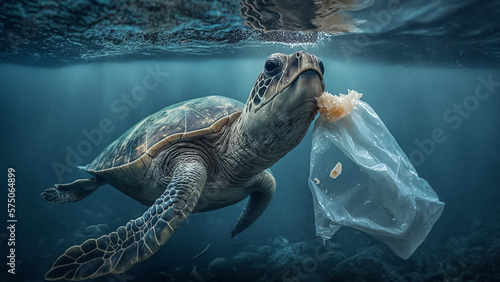 turtle eating a plastic bag in the ocean