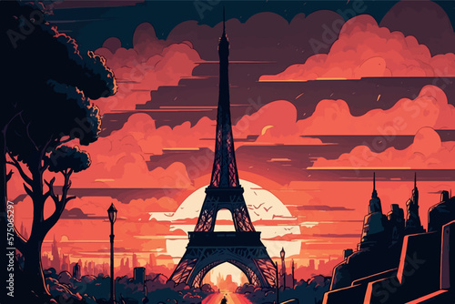 eiffel tower silhouette, vectorial eiffel tower, illustration of a sunset in paris