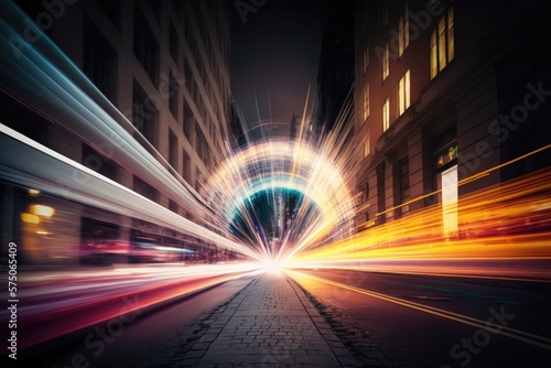 abstract long exposure dynamic speed light trails in an urban environment - generative ai photo