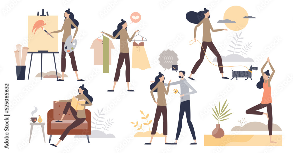 Emotional self care types with female enjoy life collection tiny person set, transparent background. Love yourself, be happy, social active, do yoga and relationships to be in harmony.