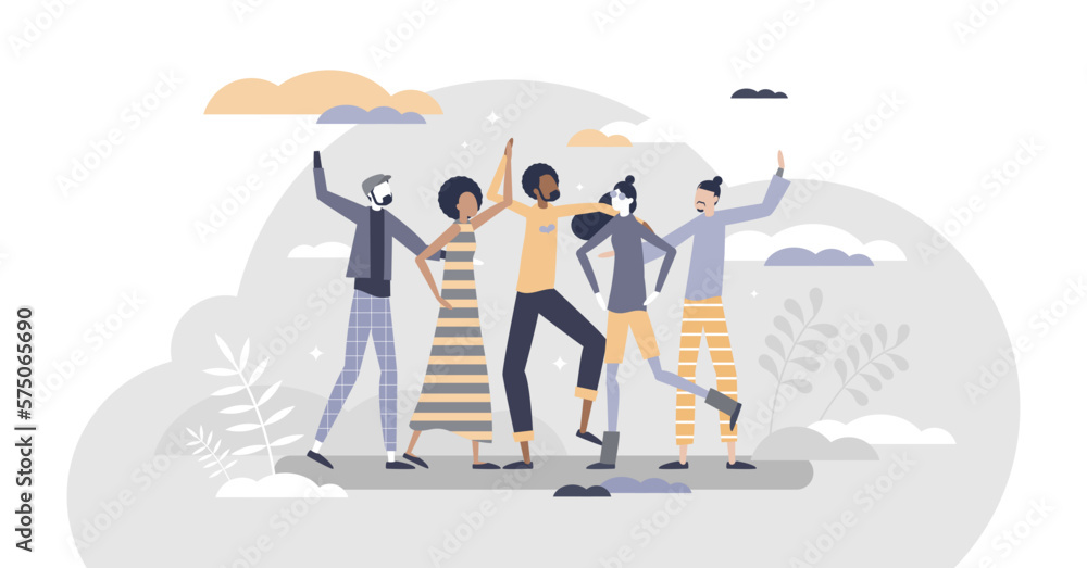 Friends as social community group with happy togetherness scene tiny person concept, transparent background. Cheerful and happy multiracial and multicultural diversity crowd.