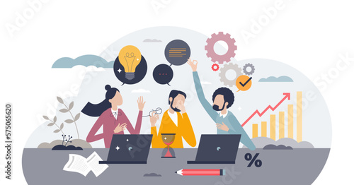 Effective communication in workplace and business idea sharing tiny person concept, transparent background. Knowledge sharing and productive partners office scene.