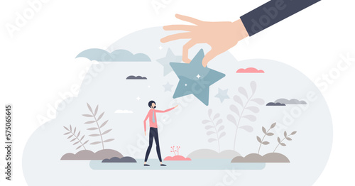 Encouragement and positive inspiration with bonus reward tiny person concept, transparent background. Employee support and cheering with symbolic approval star illustration.