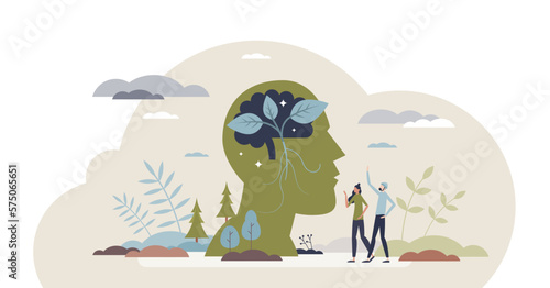Environmental psychology for individual and environment surrounding tiny person concept, transparent background. Social behavior and mindset in field of nature.