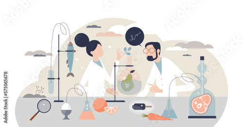 Food science as microbiology and gene work for nutrition tiny person concept, transparent background. Vegetables and meat artificial growing technology or genetic modification.